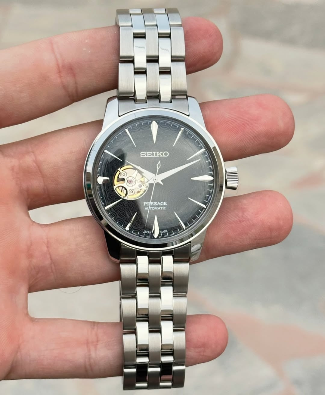 Seiko Presage Stainless steel Black open heart watch
