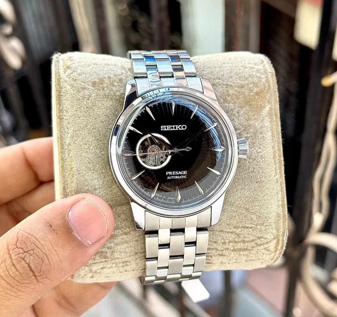Seiko Presage Stainless steel Black open heart watch