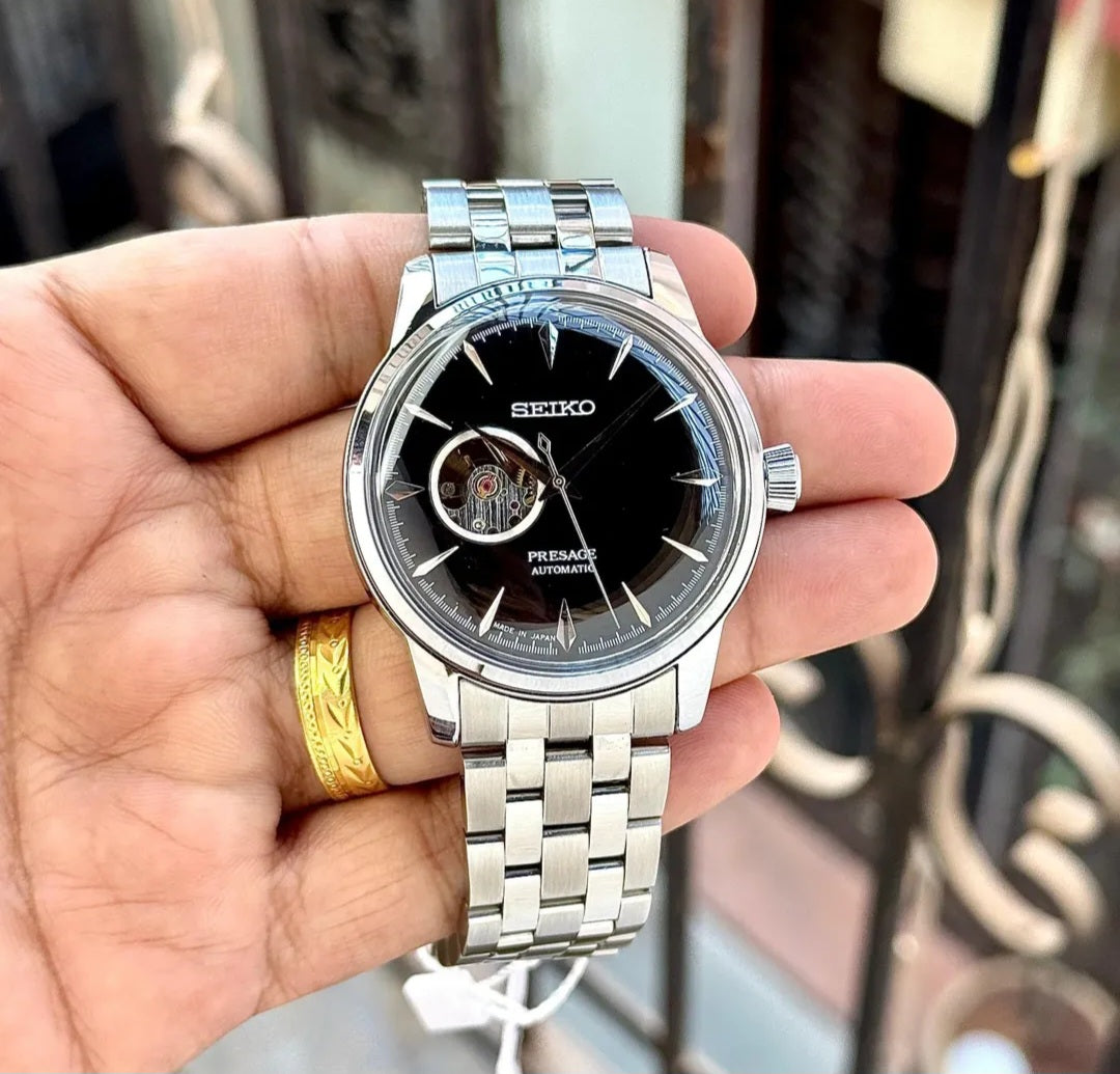 Seiko Presage Stainless steel Black open heart watch