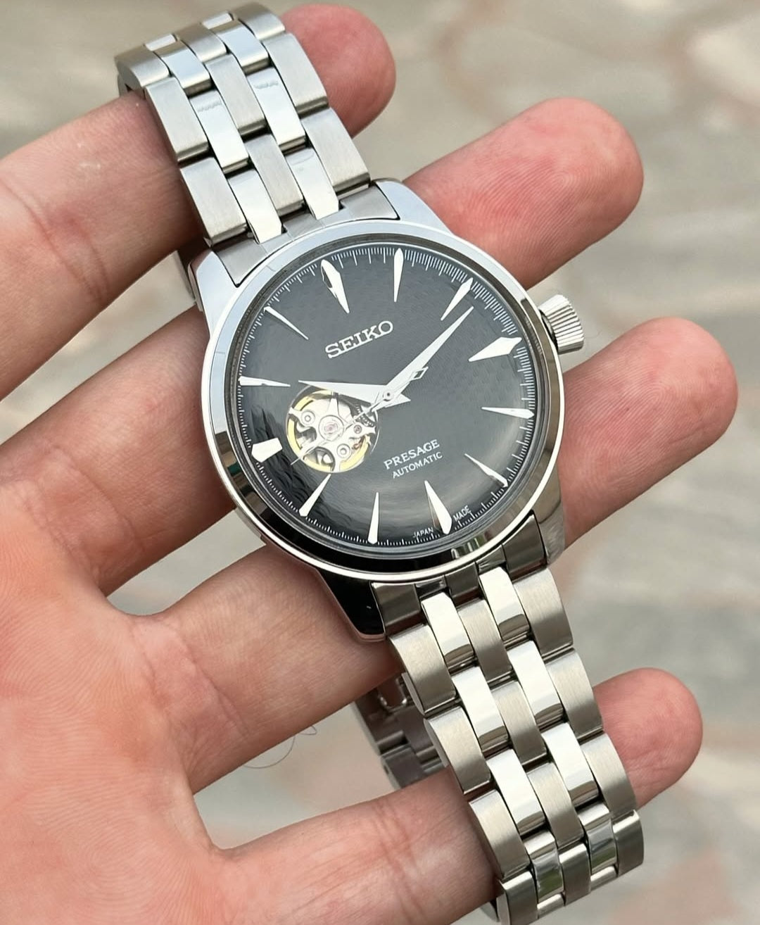 Seiko Presage Stainless steel Black open heart watch