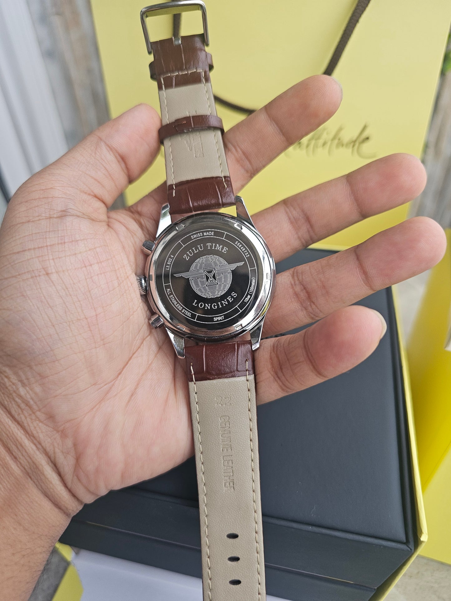 Longiness Silver dial Brown Leather strap Watch