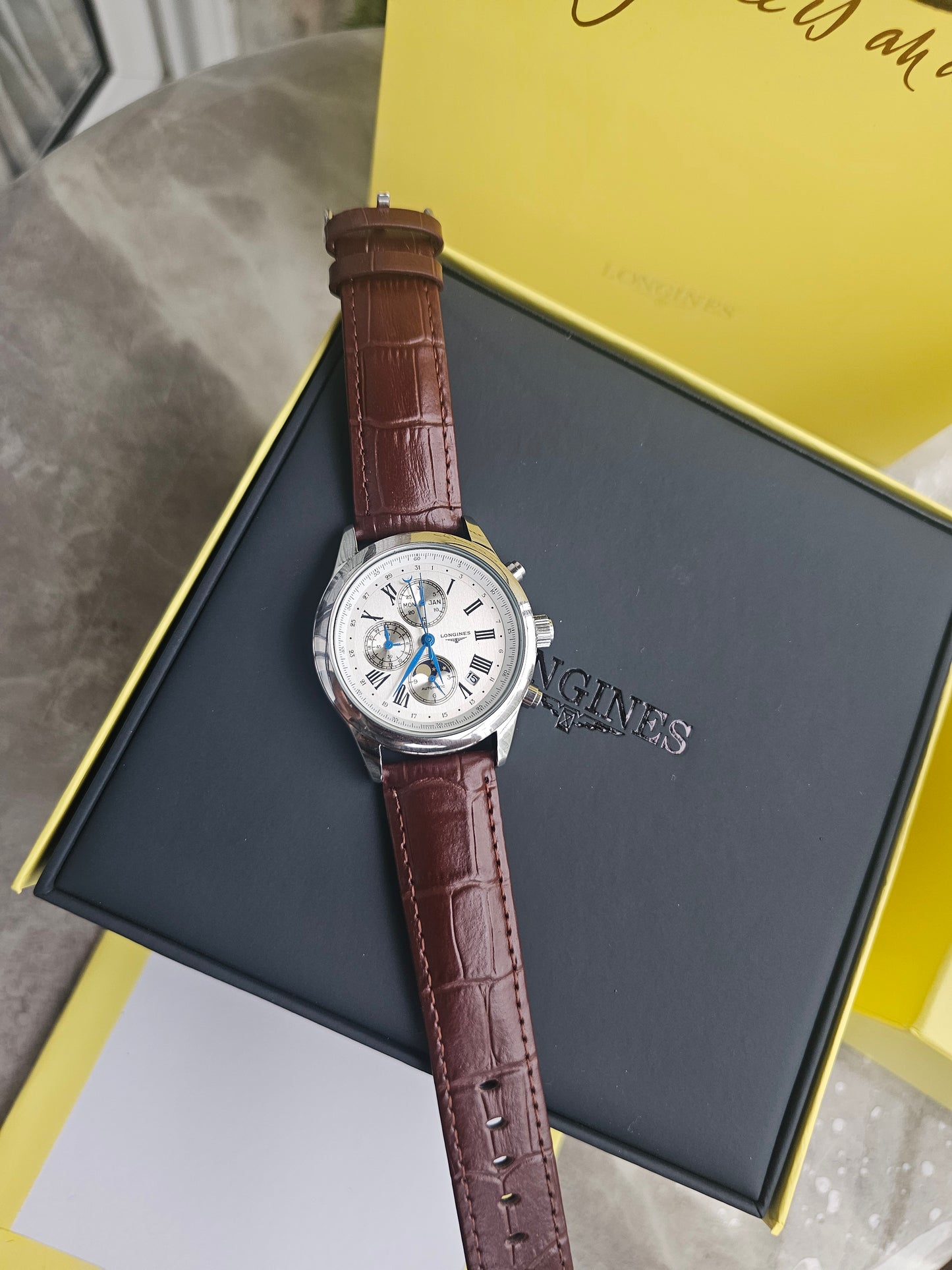 Longiness Silver dial Brown Leather strap Watch