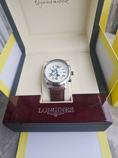 Longiness Silver dial Brown Leather strap Watch