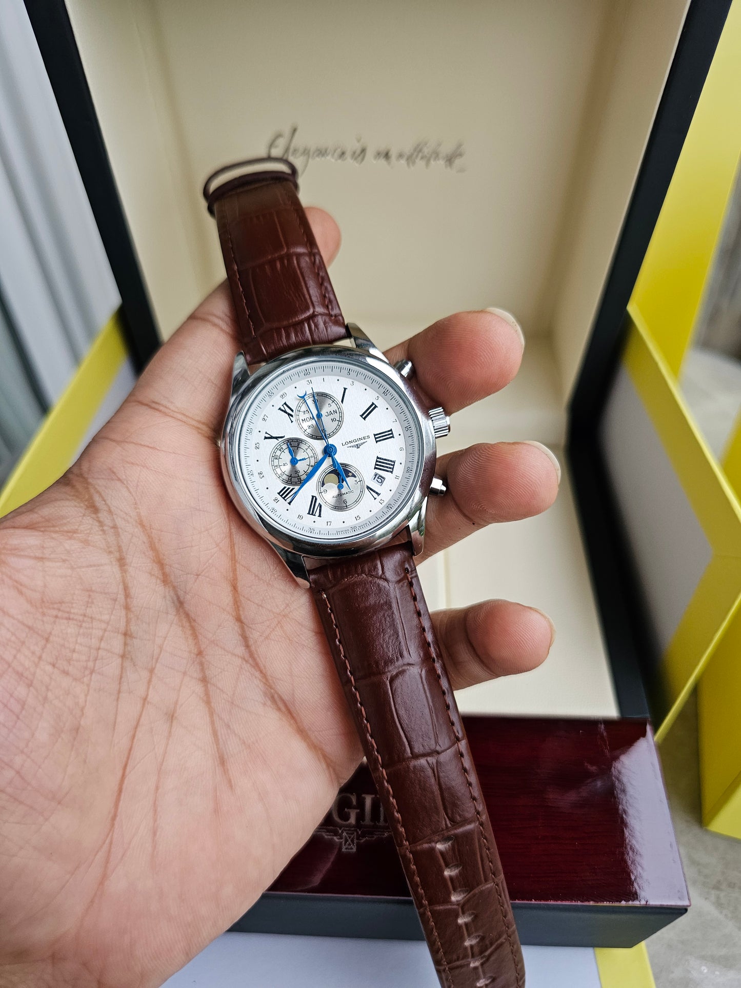 Longiness Silver dial Brown Leather strap Watch