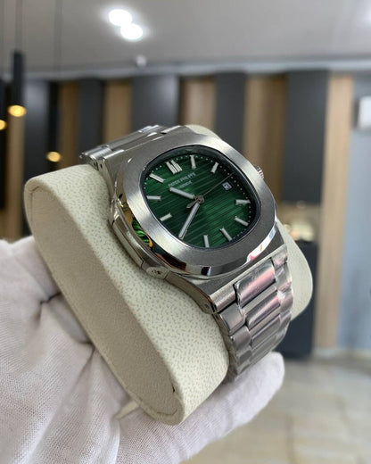 Patek Phillipe Nautilus Silver Green Dial Metal premium Automatic Shahrukh khan Watch [OPEN BACK]