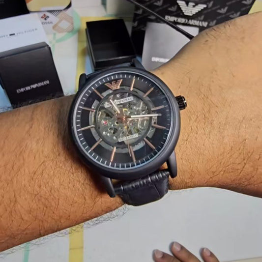 Armani Black Leather Automatic Watch
