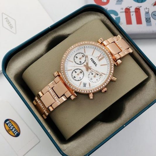 Fossil Chrono Rose Gold White Dial Ladies Watch